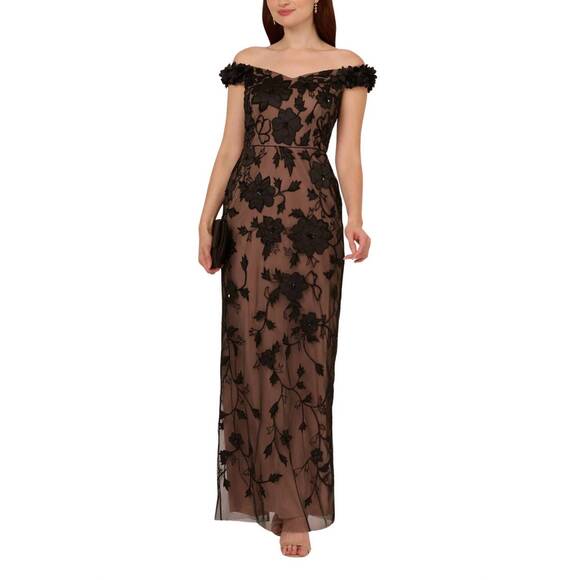 NEW ADRIANNA PAPELL off-the-shoulder fitted silhouette column skirt dress in bla